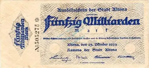 Altona , Banknote 50 Milliarden Mark Schein gbr. Keller 79.h , Schleswig 1923 Inflation