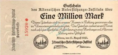 Altona , Banknote 1 Million Mark Schein unc-kfr. Keller 81.c , Schleswig 1923 Inflation