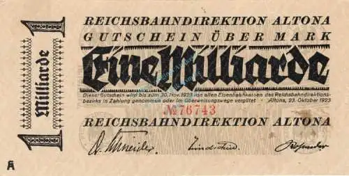 Altona , Banknote 1 Milliarde Mark Schein in L-gbr. Keller 80.k , Schleswig 1923 Inflation