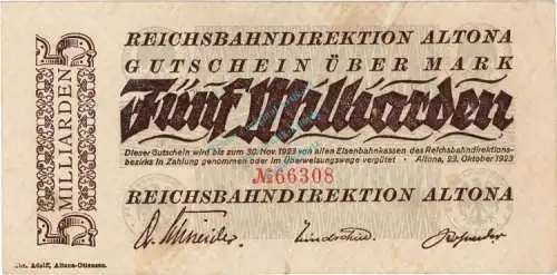 Altona , Banknote 5 Milliarden Mark Schein in gbr. Keller 80.k , Schleswig 1923 Inflation