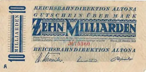 Altona , Banknote 10 Milliarden Mark Schein in gbr. Keller 80.k , Schleswig 1923 Inflation