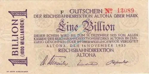 Altona , Banknote 1 Billion Mark Schein in gbr. Keller 80.p , Schleswig 1923 Inflation