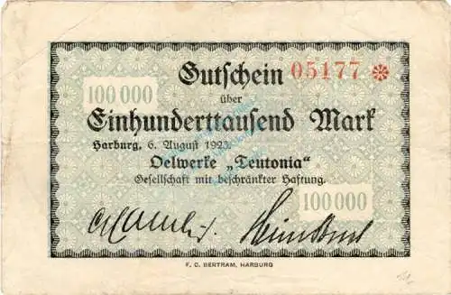 Harburg , Banknote 100.000 Mark Schein gbr. Keller 2209 , Niedersachsen 1923 Inflation