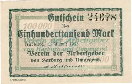 Harburg , Banknote 100.000 Mark Schein unc-kfr. Keller 2213.a , Niedersachsen 1923 Inflation