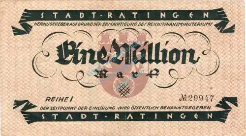 Ratingen , Banknote 1 Million Mark Schein gbr. Keller 4443.a , Rheinland 1923 Inflation