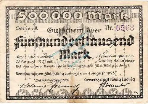 Recklinghausen , Banknote 500.000 Mark Schein gbr. Keller 4465.a , Westfalen 1923 Inflation