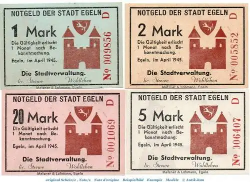Banknote Stadt Egeln , Set mit 4 Scheinen in kfr. Serie D , April 1945 , Sachsen Anhalt , Notgeld 1945