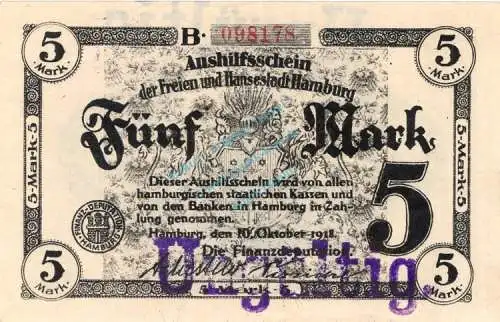 Hamburg , Banknote 5 Mark Schein in L-gbr.E Geiger 212.01.c , Hamburg 1918 Inflation