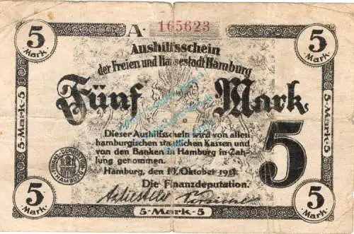 Hamburg , Banknote 5 Mark Schein in gbr. Geiger 212.01.a , Hamburg 1918 Grossnotgeld