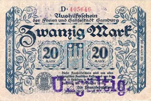 Hamburg , Banknote 20 Mark Schein in gbr.E Geiger 212.07.a , Hamburg 1918 Grossnotgeld