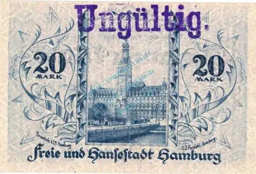 Hamburg , Banknote 20 Mark Schein in gbr.E Geiger 212.07.a , Hamburg 1918 Grossnotgeld