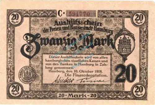 Hamburg , Banknote 20 Mark Schein in L-gbr. Geiger 212.03.a , Hamburg 1918 Grossnotgeld