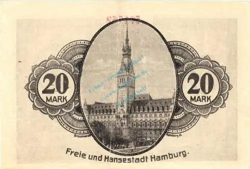 Hamburg , Banknote 20 Mark Schein in L-gbr. Geiger 212.03.a , Hamburg 1918 Grossnotgeld