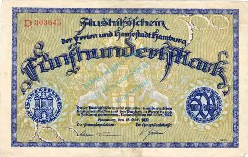 Hamburg , Banknote 500 Mark Schein gbr. Müller 1975... Hamburg 1922 Inflation