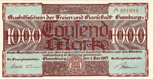 Hamburg , Banknote 1.000 Mark Schein unc-kfr. Müller 1975.9.a , Hamburg 1923 Inflation