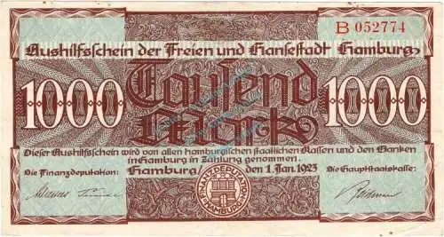 Hamburg , Banknote 1.000 Mark Schein gbr. Müller 1975.9.b , Hamburg 1923 Inflation