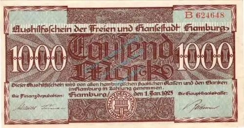 Hamburg , Banknote 1.000 Mark Schein F-kfr. Müller 1975.9.b , Hamburg 1923 Inflation