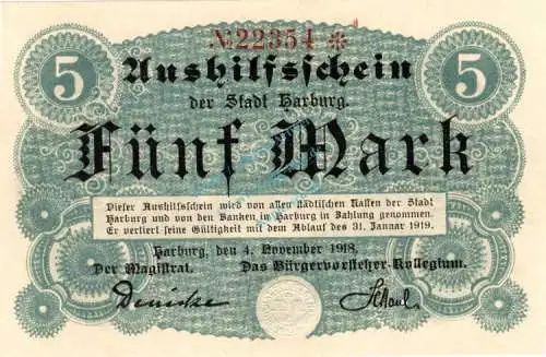 Harburg , Banknote 5 Mark Schein unc-kfr. Geiger 219.01 , Niedersachsen 1918 Grossnotgeld