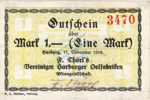Harburg , Banknote 1 Mark Schein gbr.E Geiger 221.02 , Niedersachsen 1918 Grossnotgeld