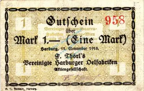 Harburg , Banknote 1 Mark Schein gbr. Geiger 221.02 , Niedersachsen 1918 Grossnotgeld