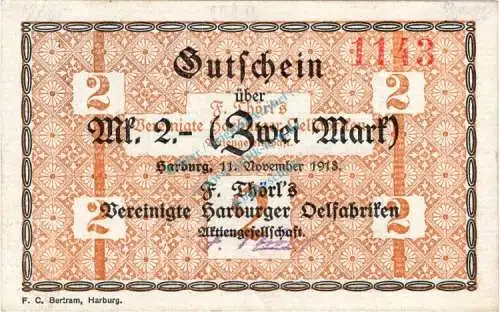 Harburg , Banknote 2 Mark Schein gbr.E Geiger 221.02 , Niedersachsen 1918 Grossnotgeld