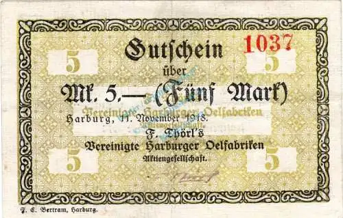 Harburg , Banknote 5 Mark Schein gbr.E Geiger 221.03 , Niedersachsen 1918 Grossnotgeld