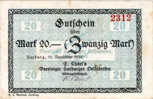 Harburg , Banknote 20 Mark Schein gbr.E Geiger 221.04 , Niedersachsen 1918 Grossnotgeld