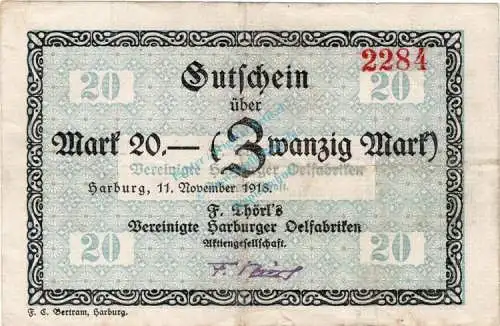 Harburg , Banknote 20 Mark Schein gbr. Geiger 221.04 , Niedersachsen 1918 Grossnotgeld
