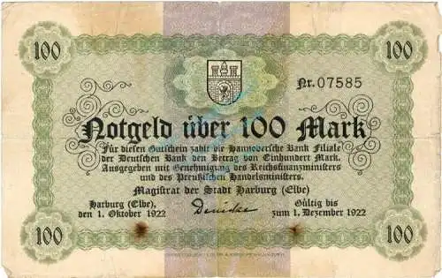Harburg , Banknote 100 Mark Schein gbr-. Müller 2020.1 , Niedersachsen 1923 Inflation