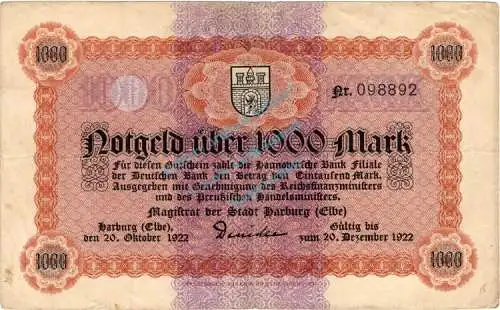Harburg , Banknote 1.000 Mark Schein gbr. Müller 2020.4 , Niedersachsen 1922 Inflation