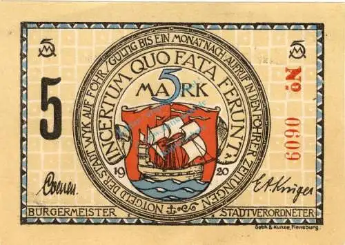 Wyk , Notgeld 5 Mark Schein --gr. 5-- unc-kfr. M-G 1462.5 , Schleswig Holstein 1920 Seriennotgeld