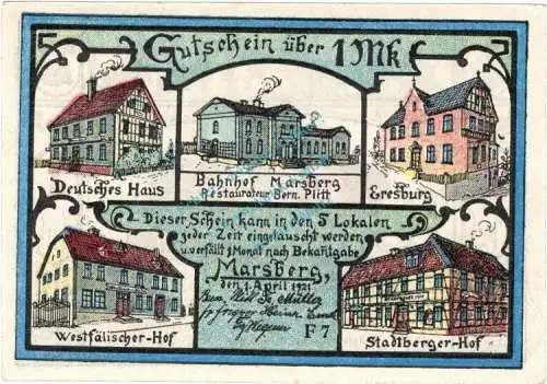 Marsberg , Notgeld 1 Mark Schein -F 7- unc-kfr. M-G 874.a , Westfalen 1921 Seriennotgeld