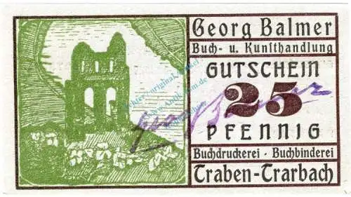 Traben-Trabach , Notgeld 25 Pfennig --mit US-- unc-kfr. M-G 1333.1 , Rheinland 1921 Seriennotgeld