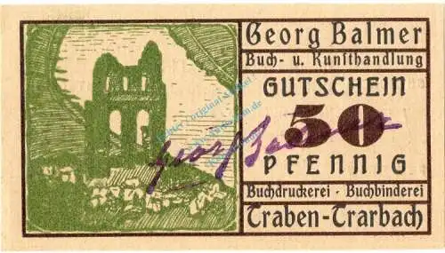 Traben-Trarbach , Notgeld 50 Pfennig Schein --mit US-- unc-kfr. M-G 1333.1 , Rheinland 1921 Seriennotgeld