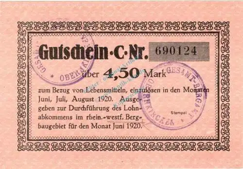 Obernkirchen , Notgeld 4,50 Mark Schein unc-kfr. Ti.5280.05.01 , Niedersachsen 1920 Verkehrsausgabe