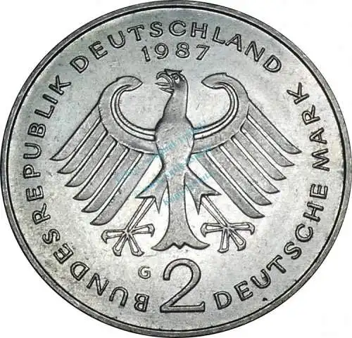 2 Mark Kursmmünze 1987 G -BRD Konrad Adenauer- ss-vz , J.406 -0676