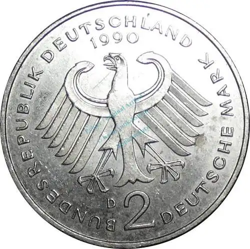 2 Mark Kursmmünze 1990 D -BRD Franz-Josef Strauß- ss-vz , J.450 -0680