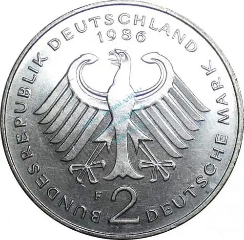 2 Mark Kursmmünze 1986 F -BRD Theodor Heuss- ss-vz , J.407 -0681