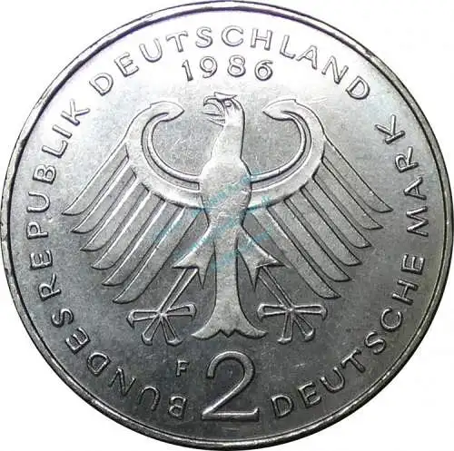 2 Mark Kursmmünze 1986 F -BRD Konrad Adenauer- ss-vz , J.406 -0682