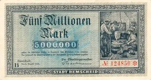 Remscheid , Banknote 5 Millionen Mark Schein gbr. Keller 4515.c , Rheinland 1923 Inflation