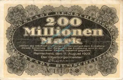 Remscheid , Banknote 200 Millionen Mark Schein gbr. Keller 4515.c , Rheinland 1923 Inflation