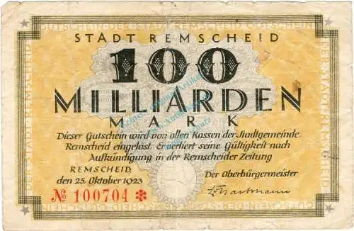 Remscheid , Banknote 100 Milliarden Mark Schein gbr-. Keller 4515.h , Rheinland 1923 Inflation