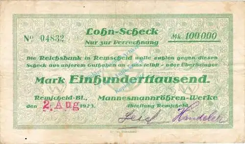 Remscheid , Banknote 100.000 Mark Scheck gbr. Keller 4533.a , Rheinland 1923 Inflation
