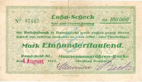 Remscheid , Banknote 100.000 Mark Scheck gbr-. Keller 4533.b , Rheinland 1923 Inflation