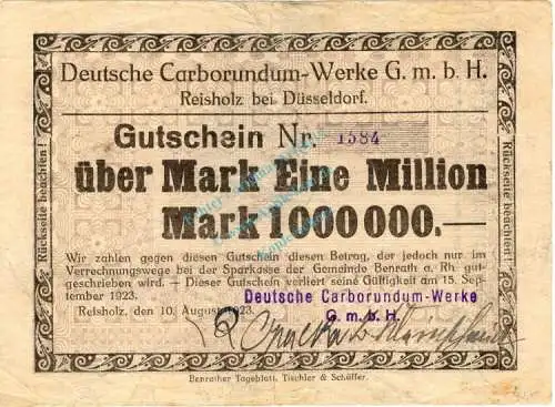 Reisholz , Banknote 1 Million Mark Schein gbr. Keller 4506.a , Rheinland 1923 Inflation