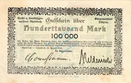 Rheinbach , Banknote 100.000 Mark Schein L-gbr. Keller 4551.a , Rheinland 1923 Inflation