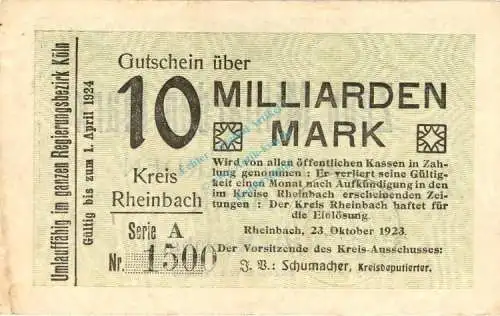 Rheinbach , Banknote 10 Milliarden Mark Schein gbr. Keller 4552.c , Rheinland 1923 Inflation