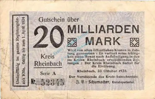 Rheinbach , Banknote 20 Milliarden Mark Schein gbr-. Keller 4552.b , Rheinland 1923 Inflation