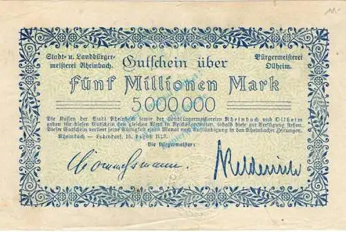 Rheinbach , Banknote 5 Millionen Mark Schein L-gbr. Keller 4551.a , Rheinland 1923 Inflation
