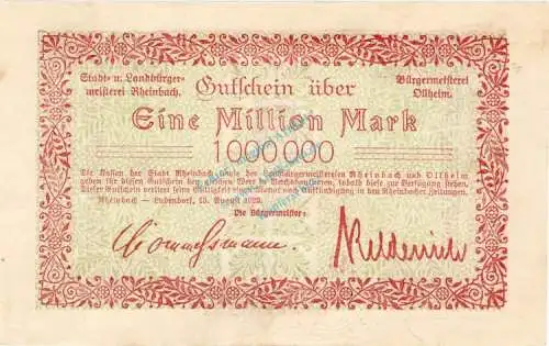 Rheinbach , Banknote 1 Million Mark Schein L-gbr. Keller 4551.a , Rheinland 1923 Inflation